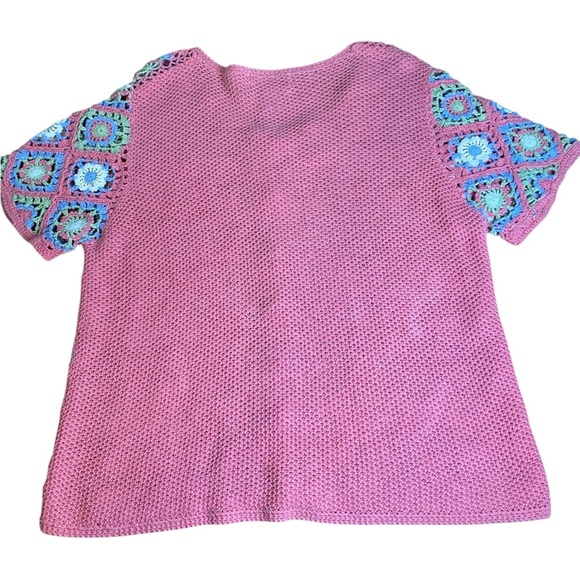 BFA Classic Vintage Pink Crochet Granny Square Short Sleeve Sweater Women’s SZ M - Picture 3 of 8